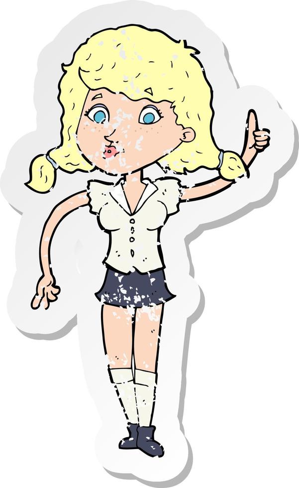 retro distressed sticker of a cartoon pretty woman with idea vector