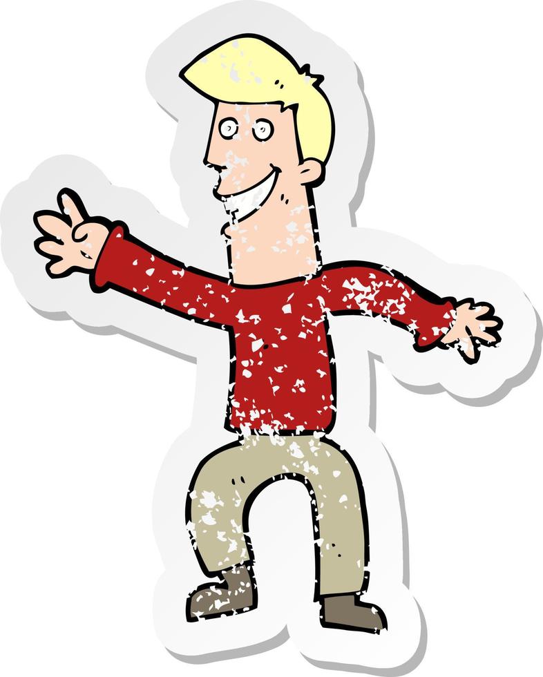 retro distressed sticker of a cartoon happy man dancing vector