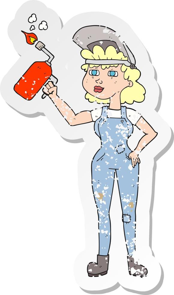 retro distressed sticker of a cartoon woman welding vector