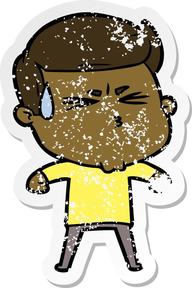 distressed sticker of a cartoon man sweating vector