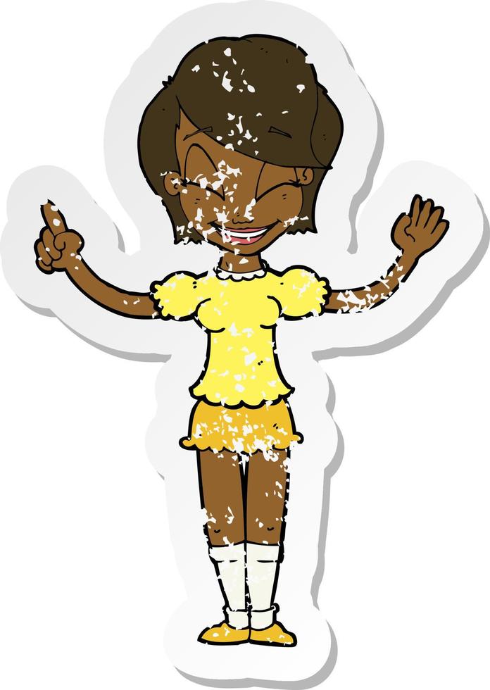 retro distressed sticker of a cartoon pretty girl with idea vector