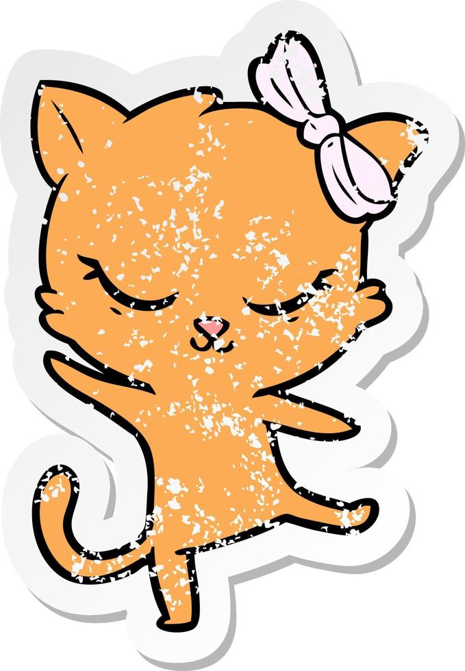 distressed sticker of a cute cartoon cat with bow vector