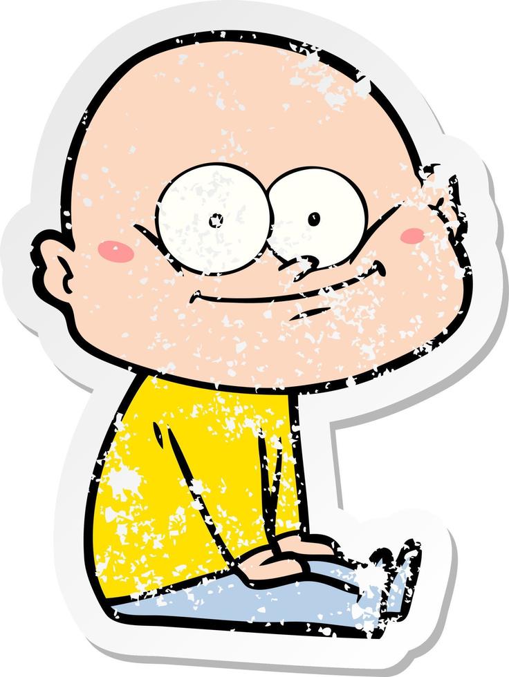 distressed sticker of a cartoon bald man staring vector