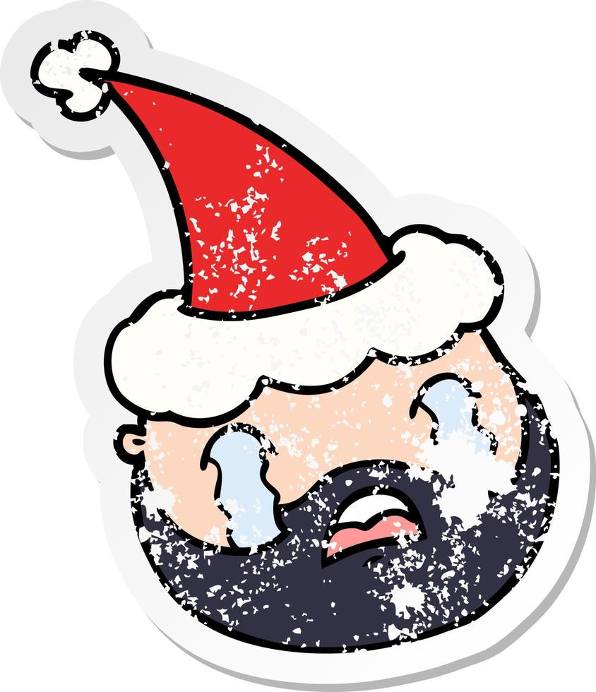 pegatina angustiada caricatura de un rostro masculino con barba con gorro de Papá Noel vector