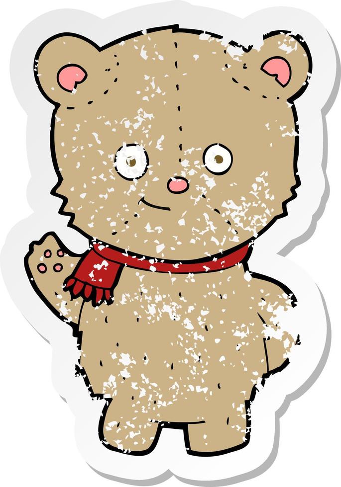 retro distressed sticker of a cartoon bear waving vector
