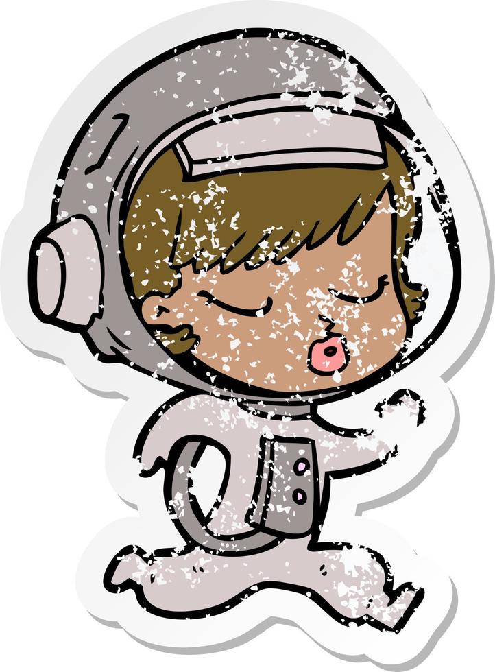 pegatina angustiada de una linda astronauta de dibujos animados corriendo vector