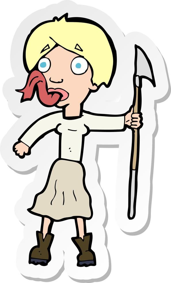 sticker of a cartoon woman with spear sticking out tongue vector