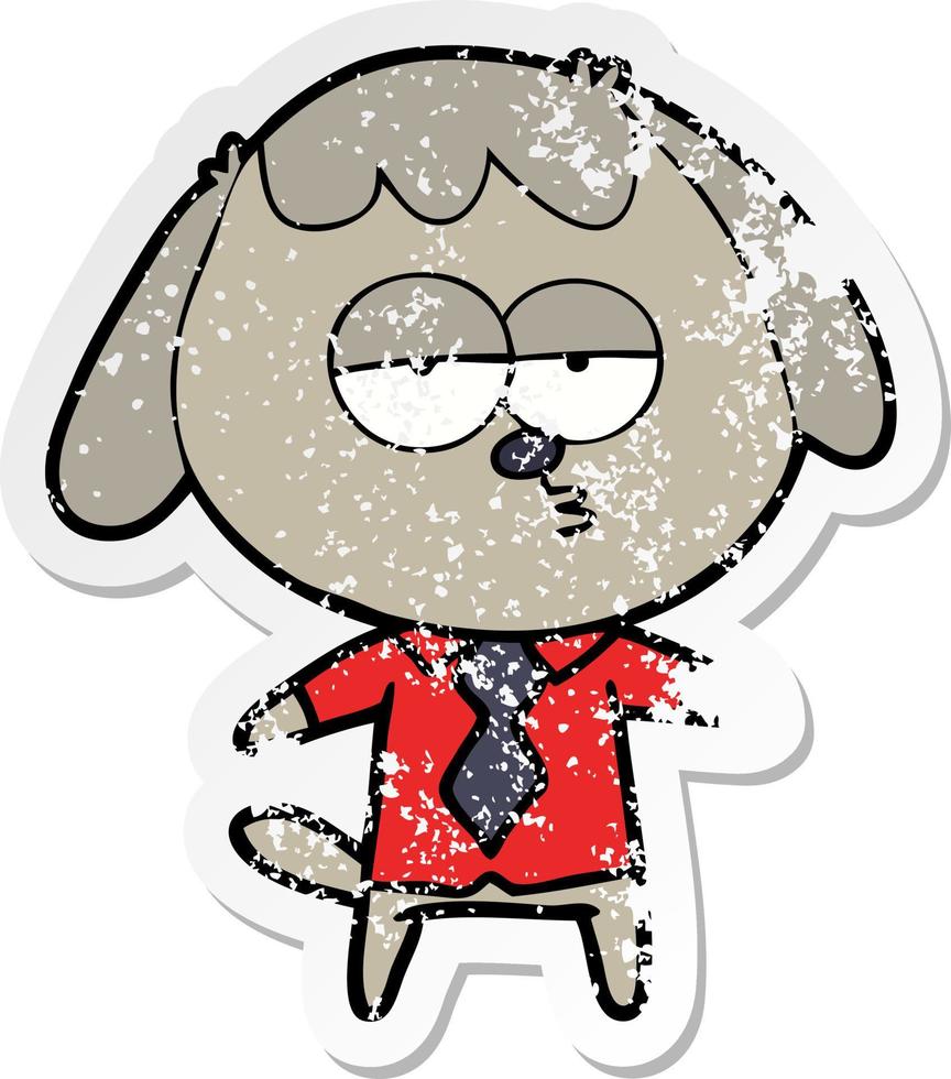 distressed sticker of a cartoon bored dog in office clothes vector
