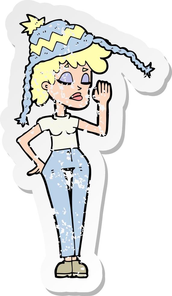 retro distressed sticker of a cartoon woman wearing winter hat vector