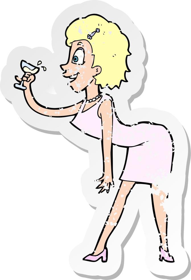 retro distressed sticker of a cartoon woman with drink vector