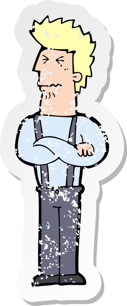 retro distressed sticker of a cartoon annoyed man vector