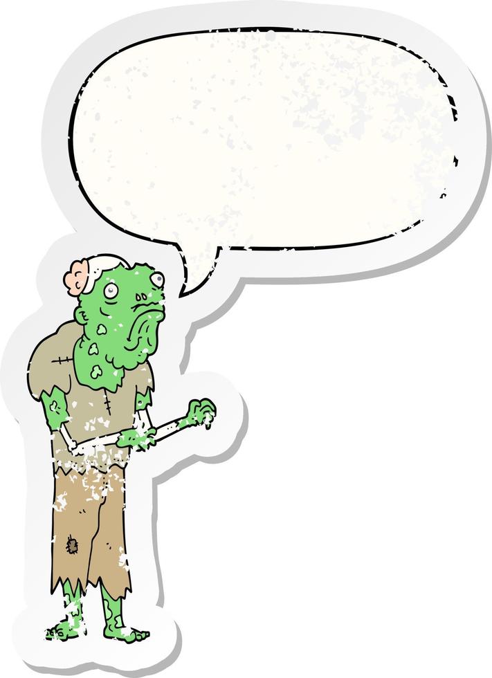 cartoon zombie and speech bubble distressed sticker vector