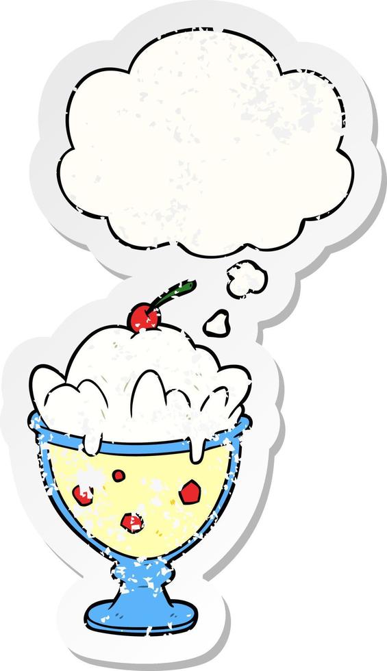 cartoon dessert and thought bubble as a distressed worn sticker vector