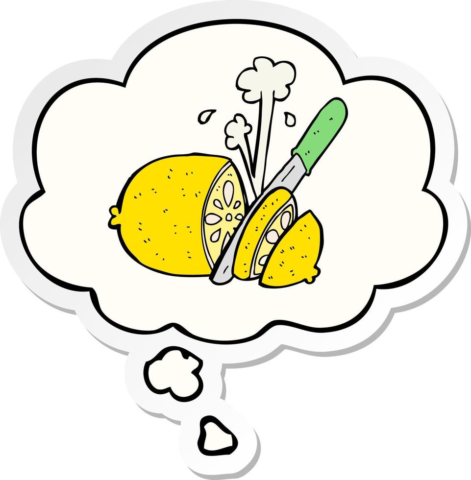 cartoon sliced lemon and thought bubble as a printed sticker vector