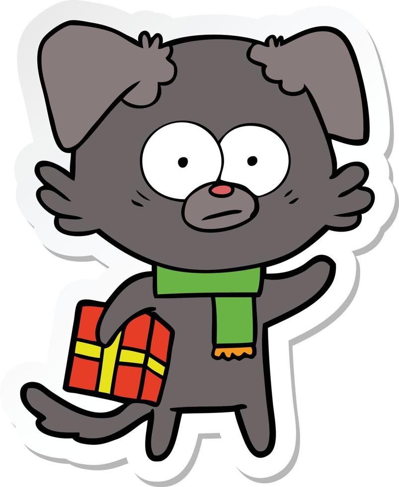 sticker of a nervous dog cartoon with gift vector