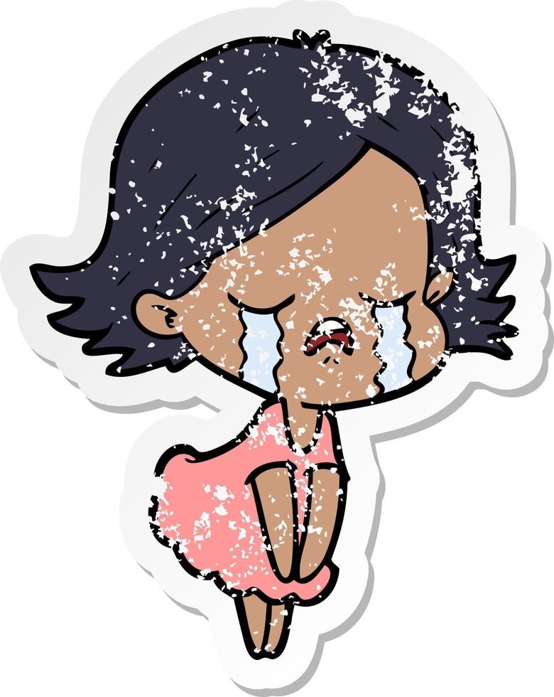 distressed sticker of a cartoon girl crying vector