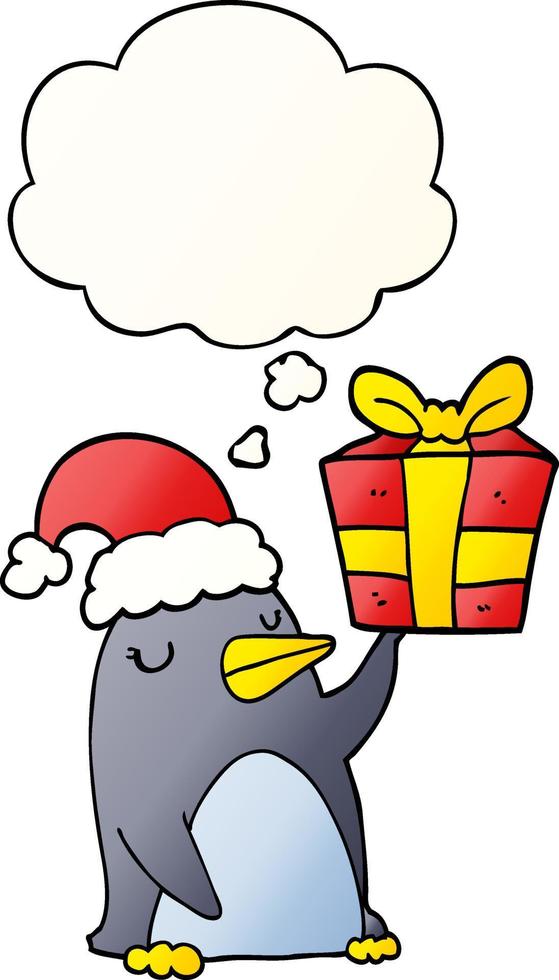 cartoon penguin with christmas present and thought bubble in smooth gradient style vector