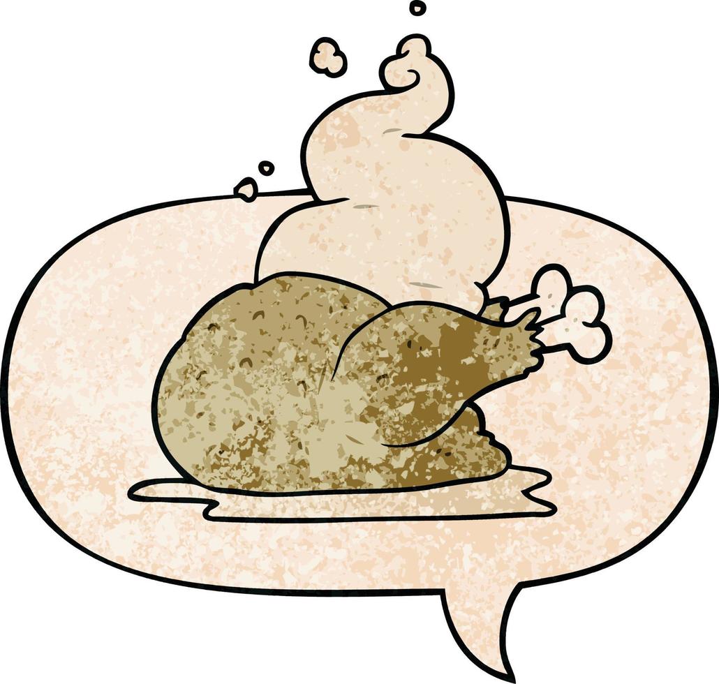 cartoon whole cooked chicken and speech bubble in retro texture style vector