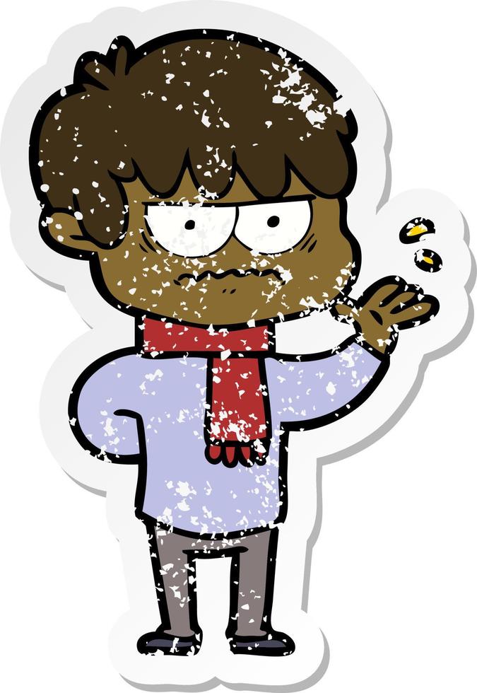 distressed sticker of a annoyed cartoon boy vector
