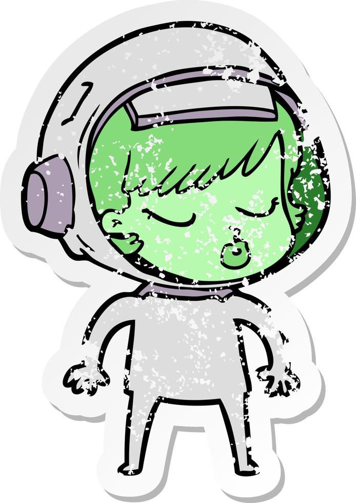 distressed sticker of a cartoon pretty astronaut girl vector