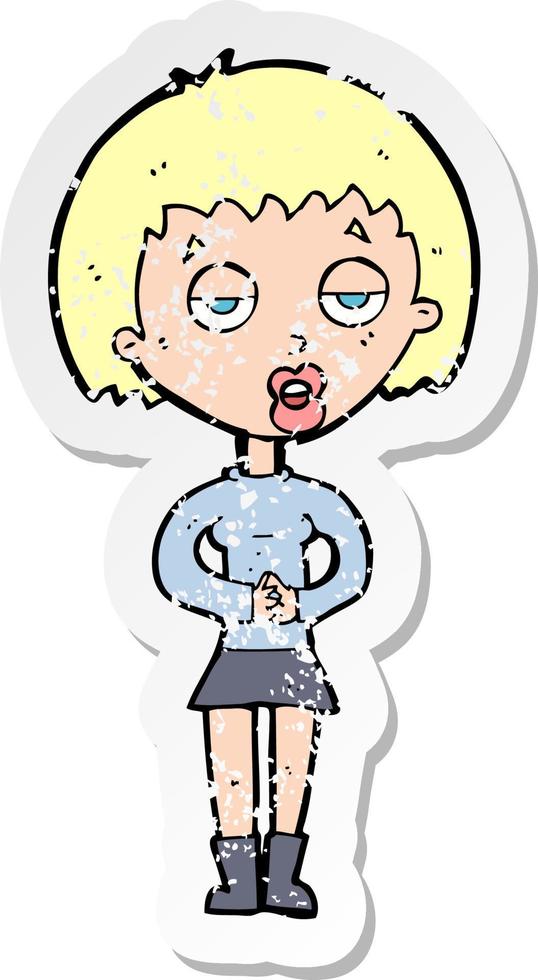 retro distressed sticker of a cartoon bored woman waiting vector