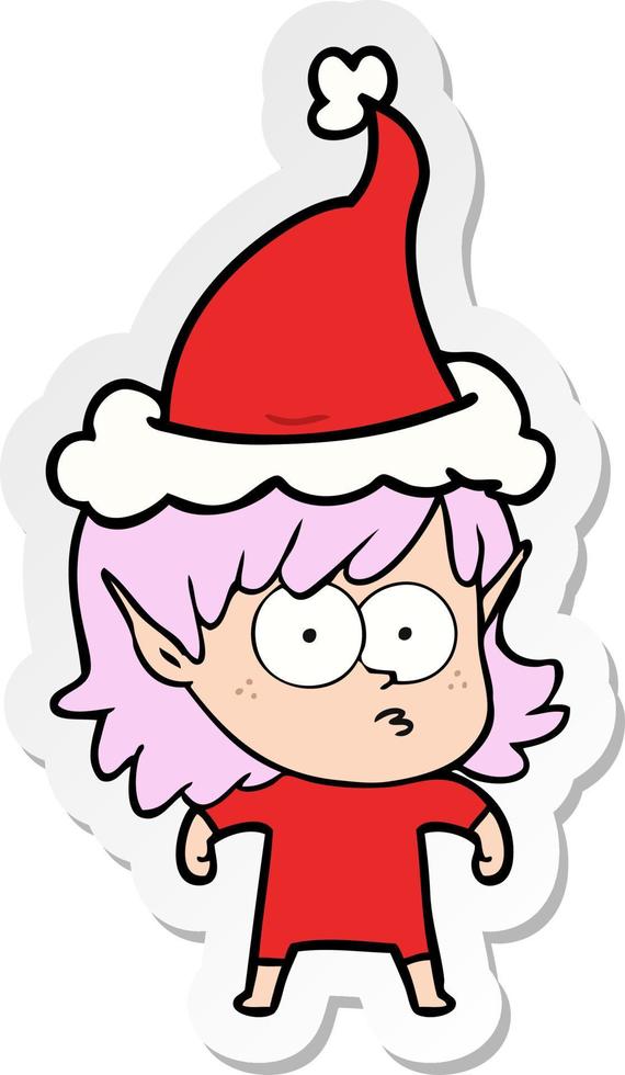 sticker cartoon of a elf girl staring wearing santa hat vector