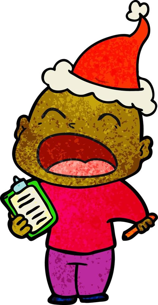 textured cartoon of a shouting bald man wearing santa hat vector