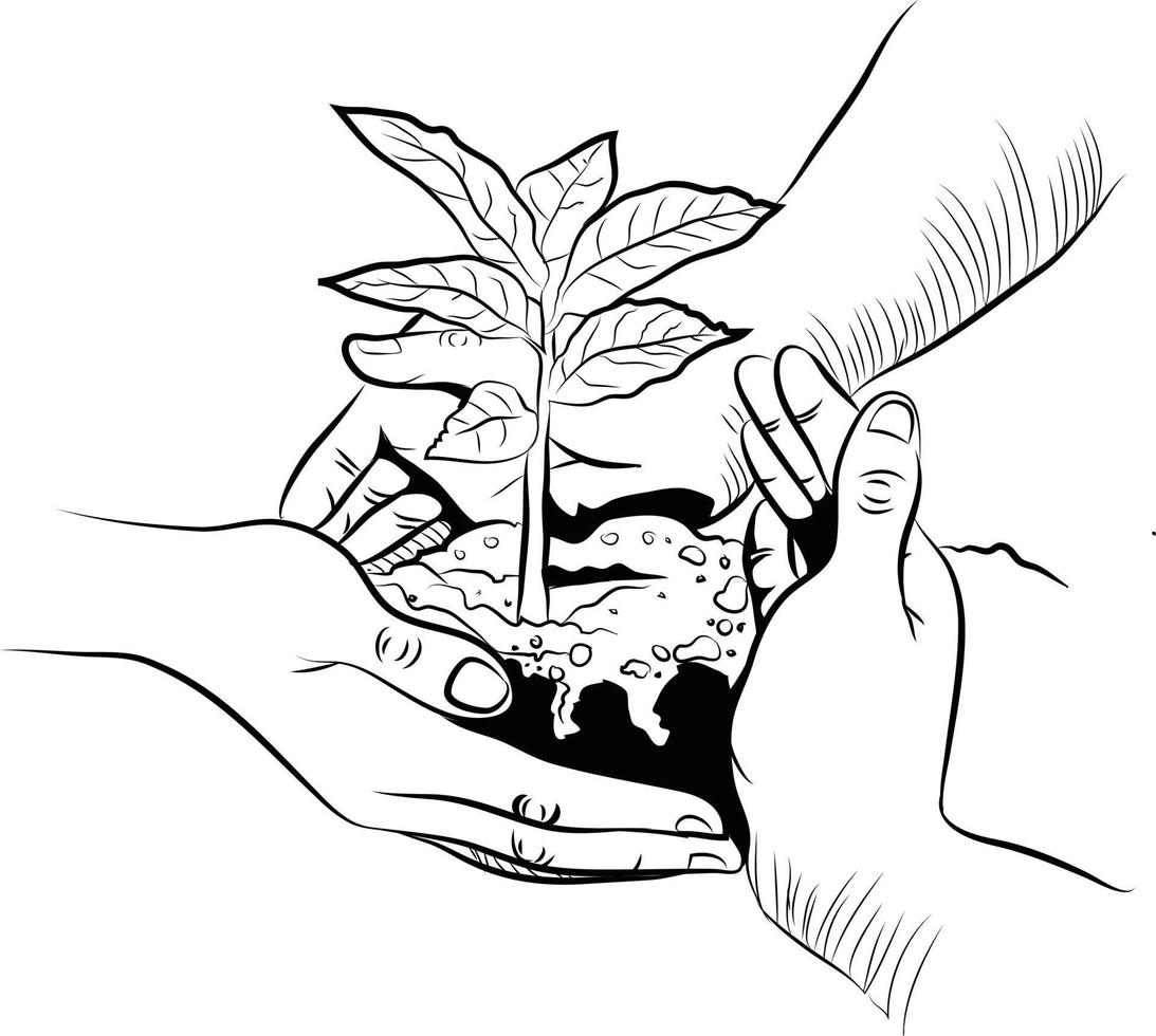 Doodle style line drawing of hands of few persons planting a tree together. Global tree plantation day.  Agriculture ecology concept. nature concept vector sketch.
