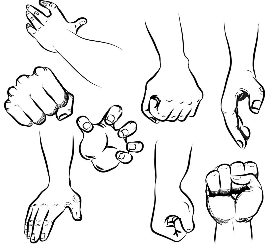 Different vector collection signs of hand gestures, doodle style line art, signs