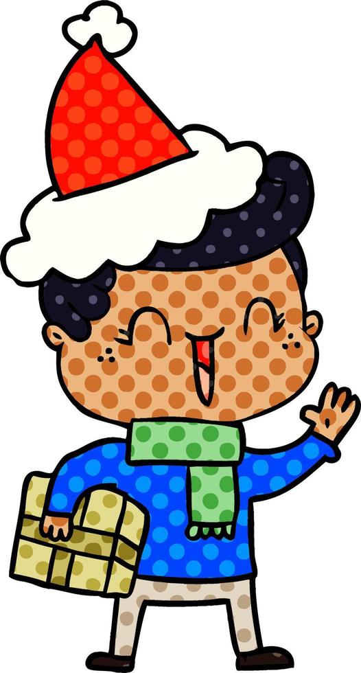 comic book style illustration of a laughing boy wearing santa hat vector