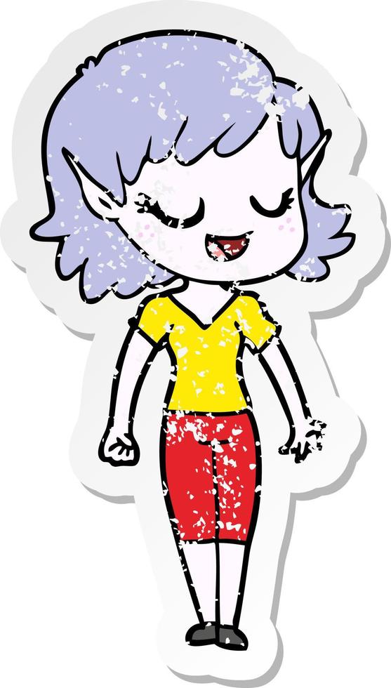 distressed sticker of a happy cartoon elf girl vector