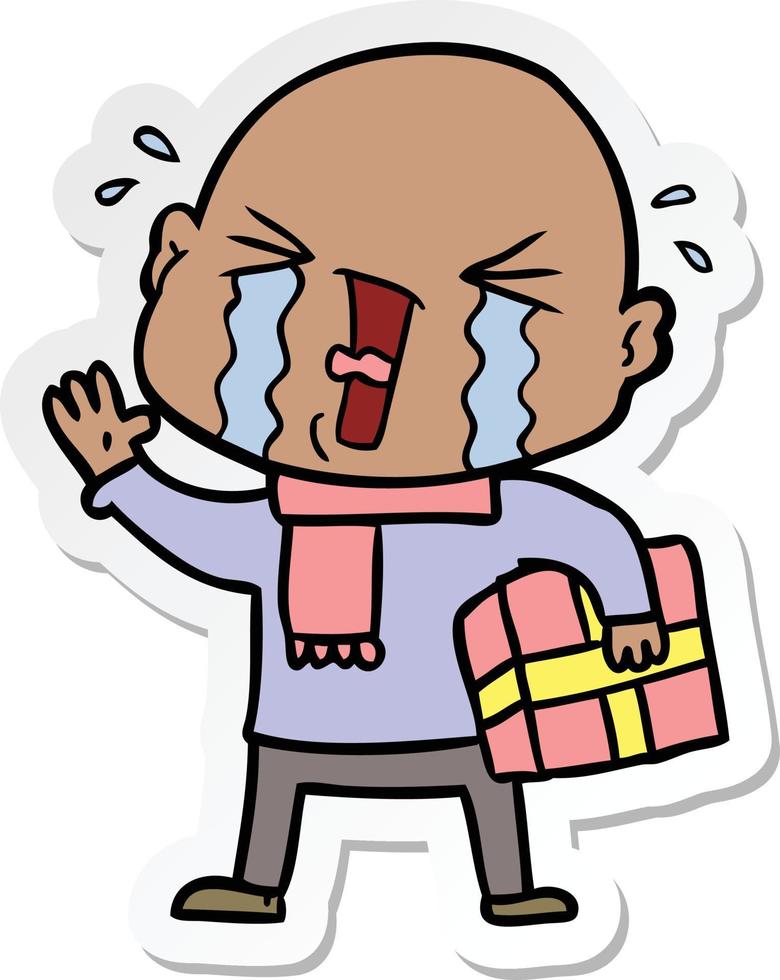 sticker of a cartoon crying bald man vector