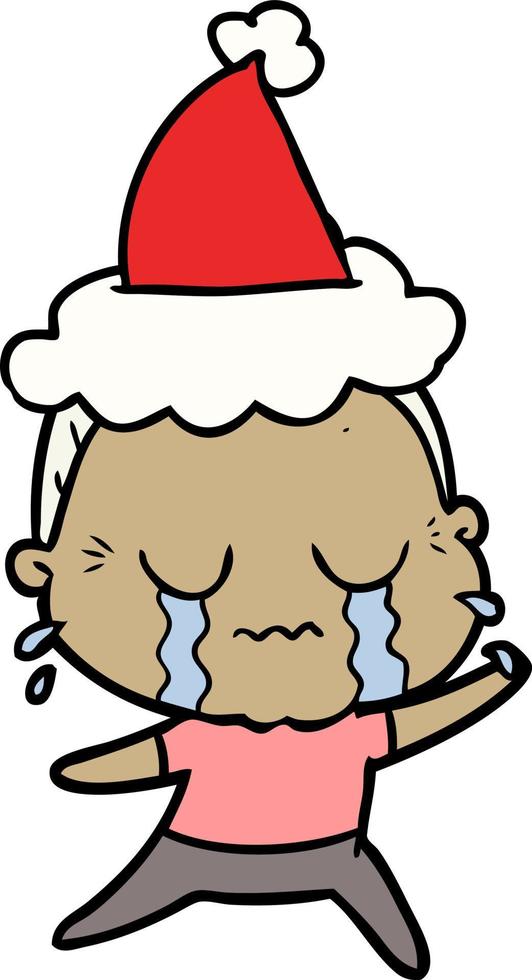 line drawing of a crying old lady wearing santa hat vector