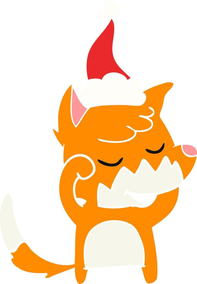 friendly flat color illustration of a fox waking up wearing santa hat vector