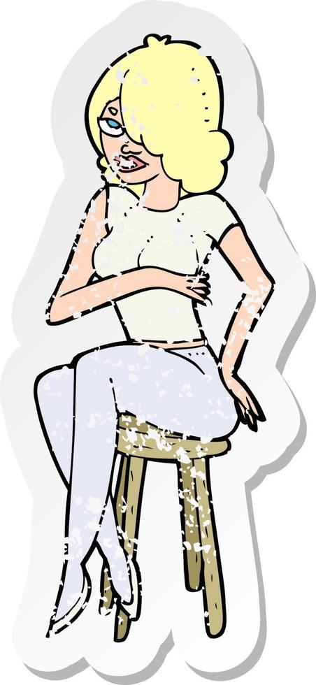 retro distressed sticker of a cartoon woman sitting on bar stool vector