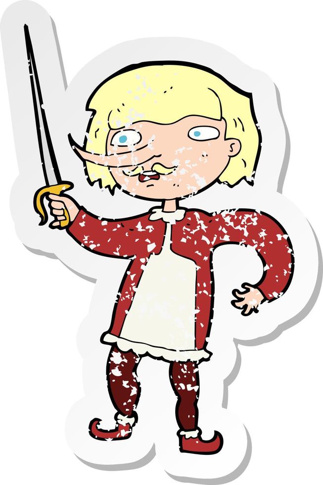retro distressed sticker of a cartoon musketeer vector
