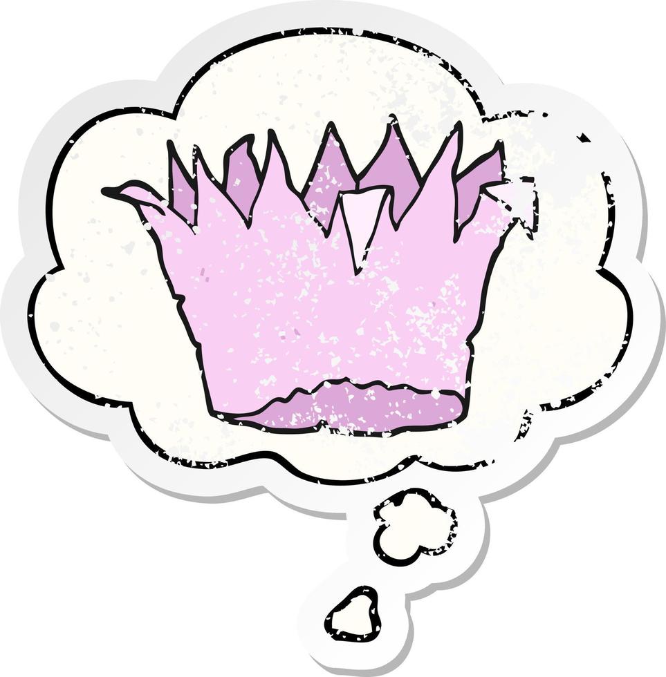 cartoon paper crown and thought bubble as a distressed worn sticker vector