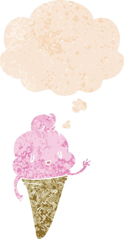 cute cartoon ice cream and thought bubble in retro textured style vector
