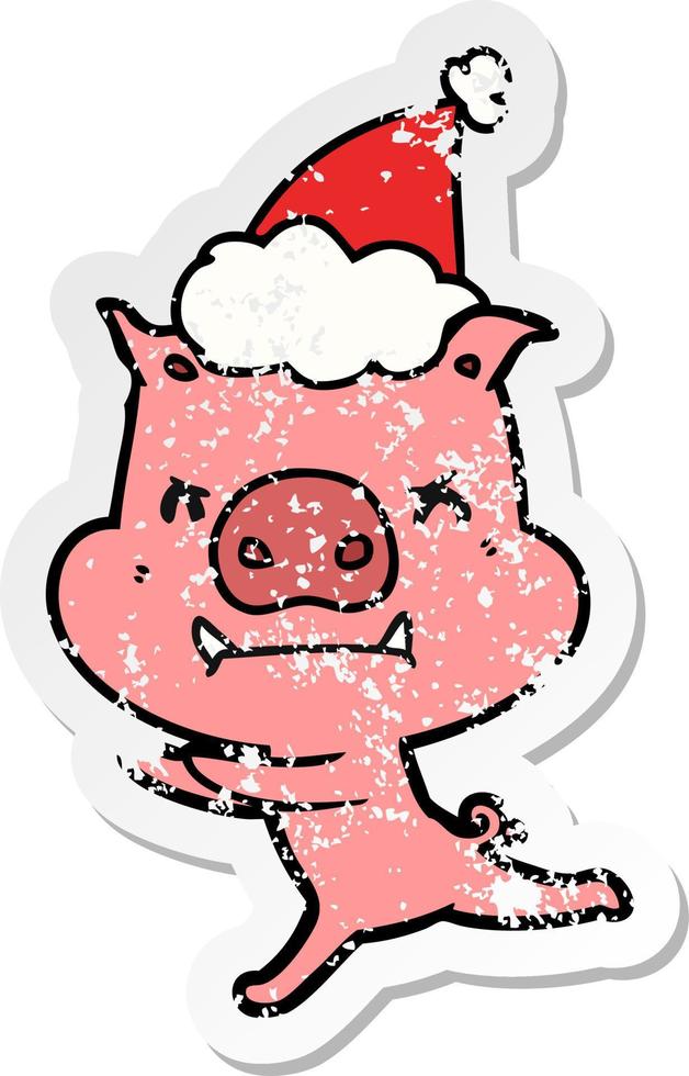 angry distressed sticker cartoon of a pig wearing santa hat vector