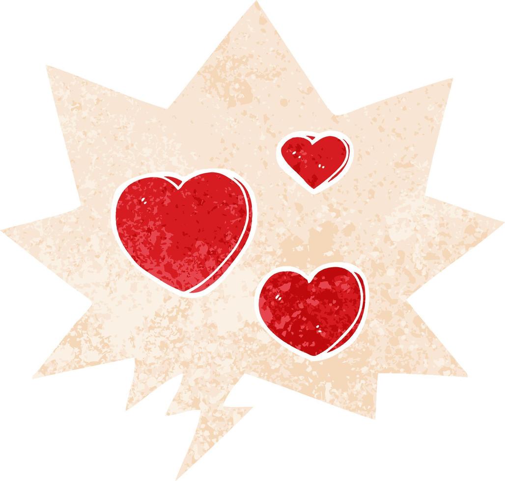 cartoon love hearts and speech bubble in retro textured style vector