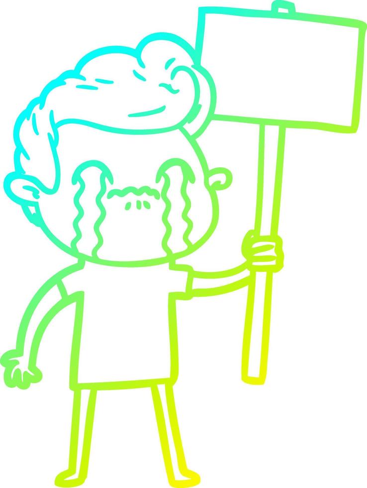 cold gradient line drawing cartoon man crying holding sign vector