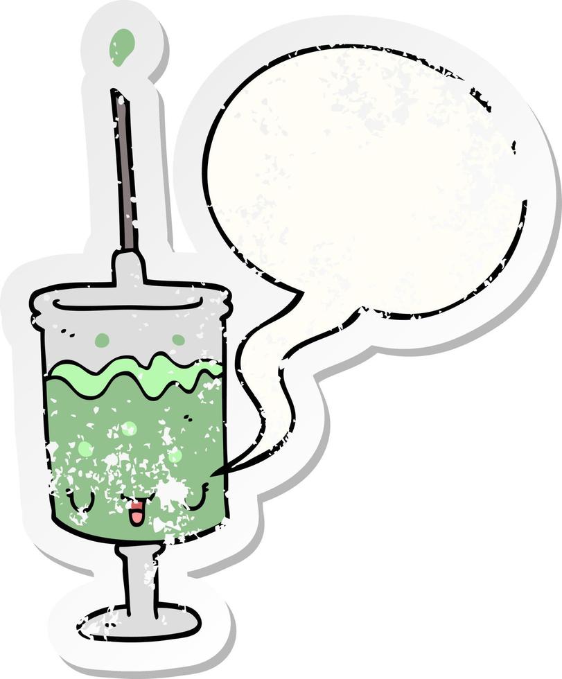 cartoon syringe and speech bubble distressed sticker vector