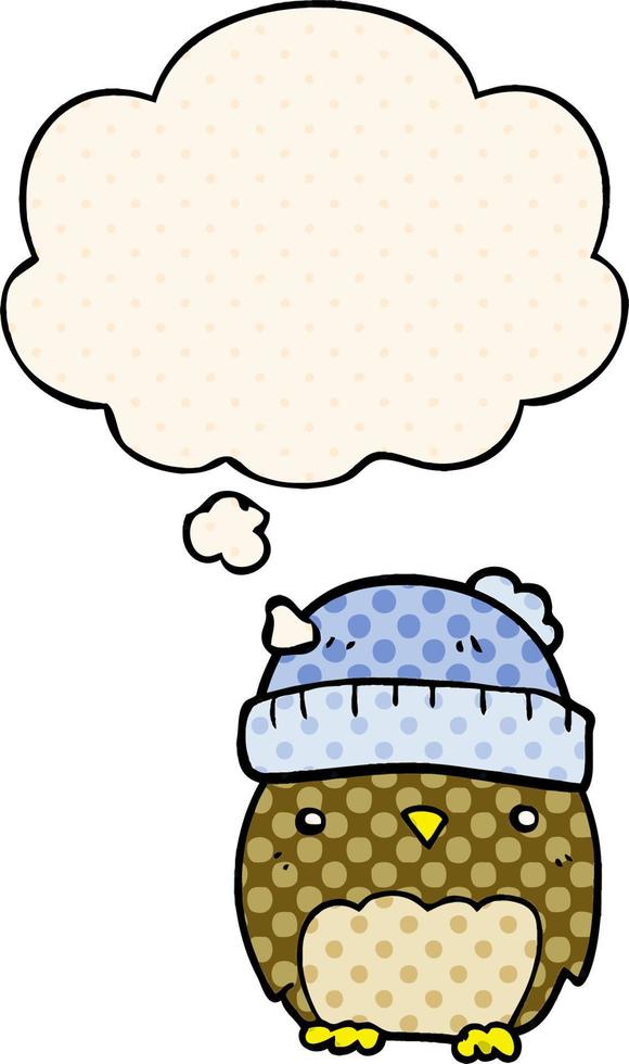 cute cartoon owl in hat and thought bubble in comic book style vector