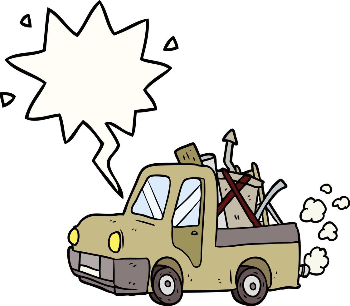 cartoon old truck full of junk and speech bubble vector