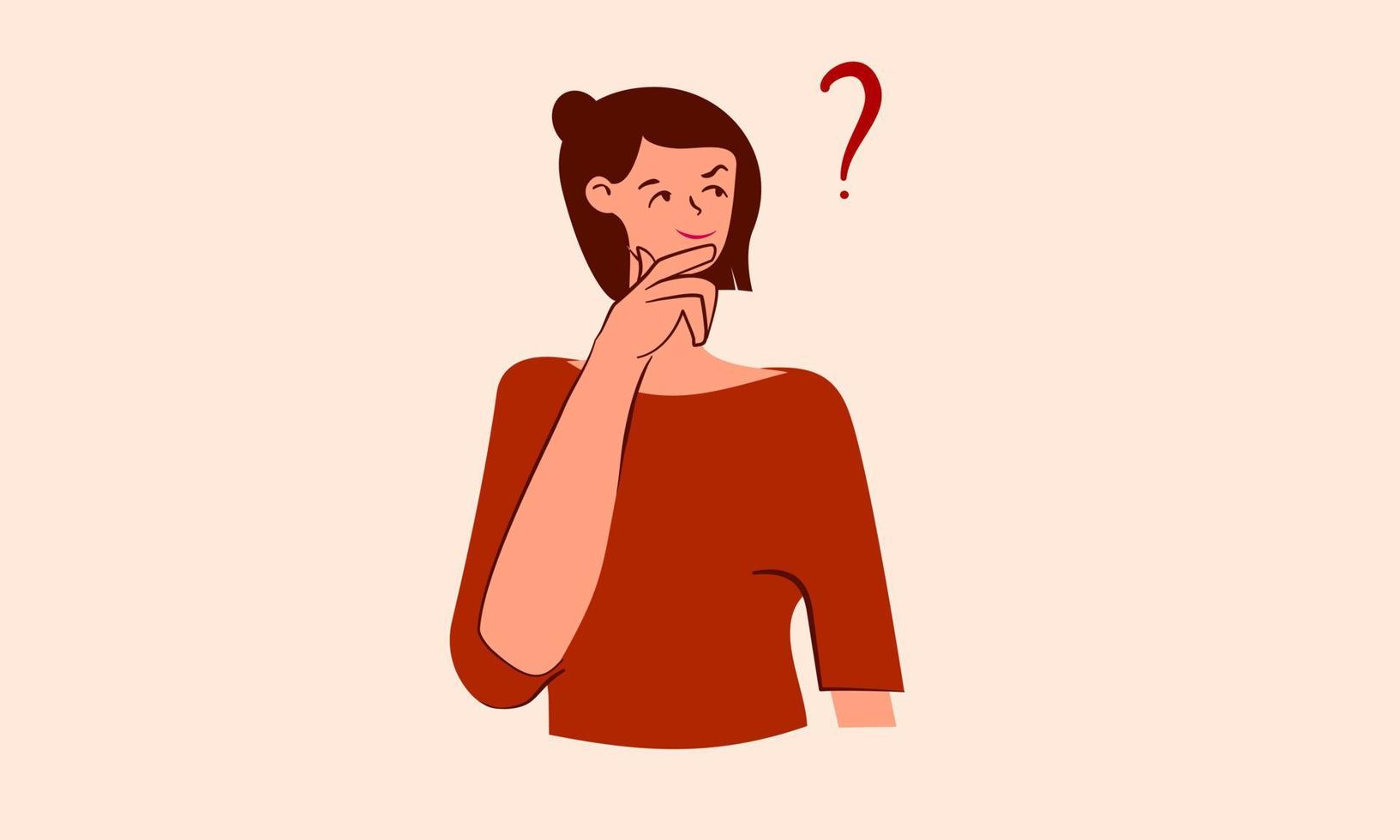 Curious woman illustration. Young women in casual clothes surrounded by a question mark. Flat cartoon vector illustration