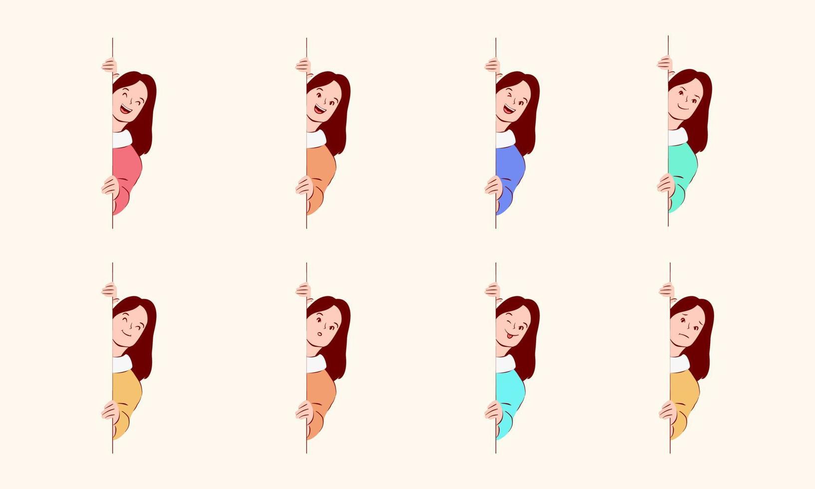 Collection of Cartoon Girls Peeking Behind the Wall vector