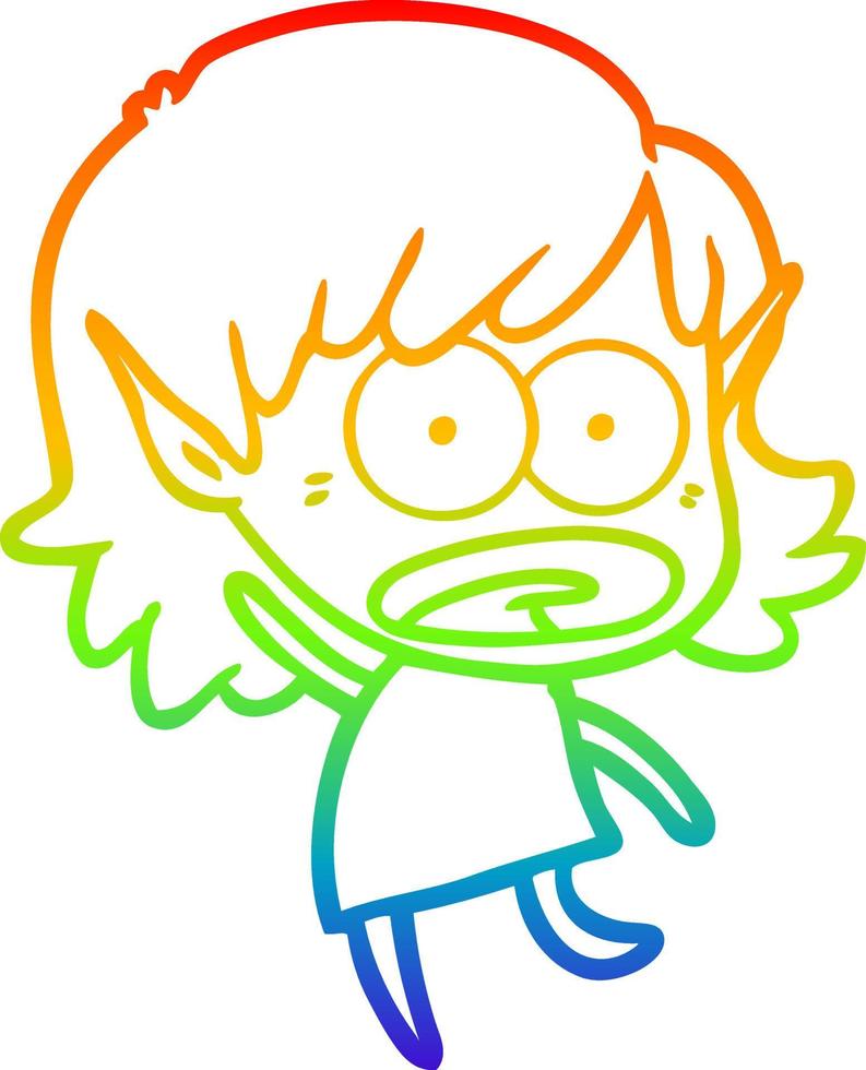 rainbow gradient line drawing cartoon shocked elf girl vector