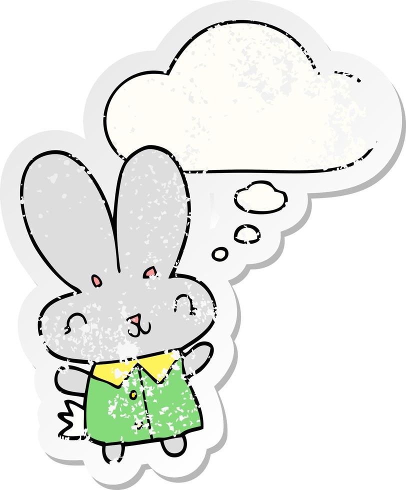 cute cartoon tiny rabbit and thought bubble as a distressed worn sticker vector