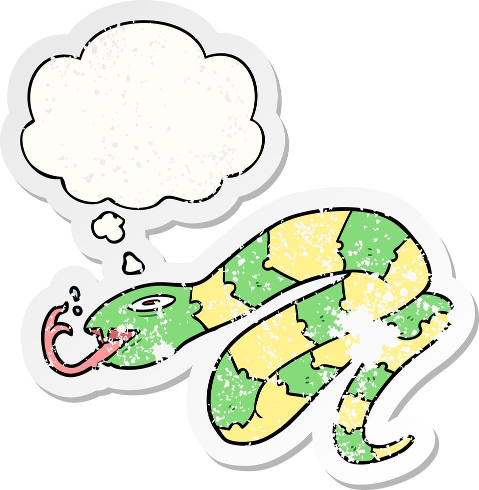 cartoon hissing snake and thought bubble as a distressed worn sticker vector