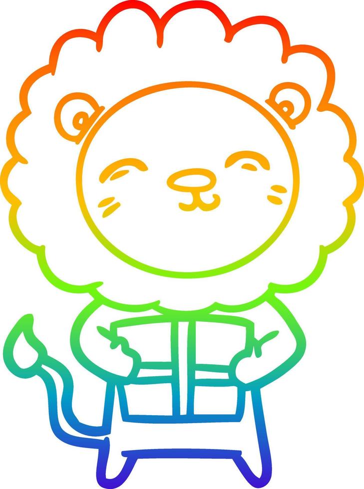 rainbow gradient line drawing cartoon lion with christmas present vector